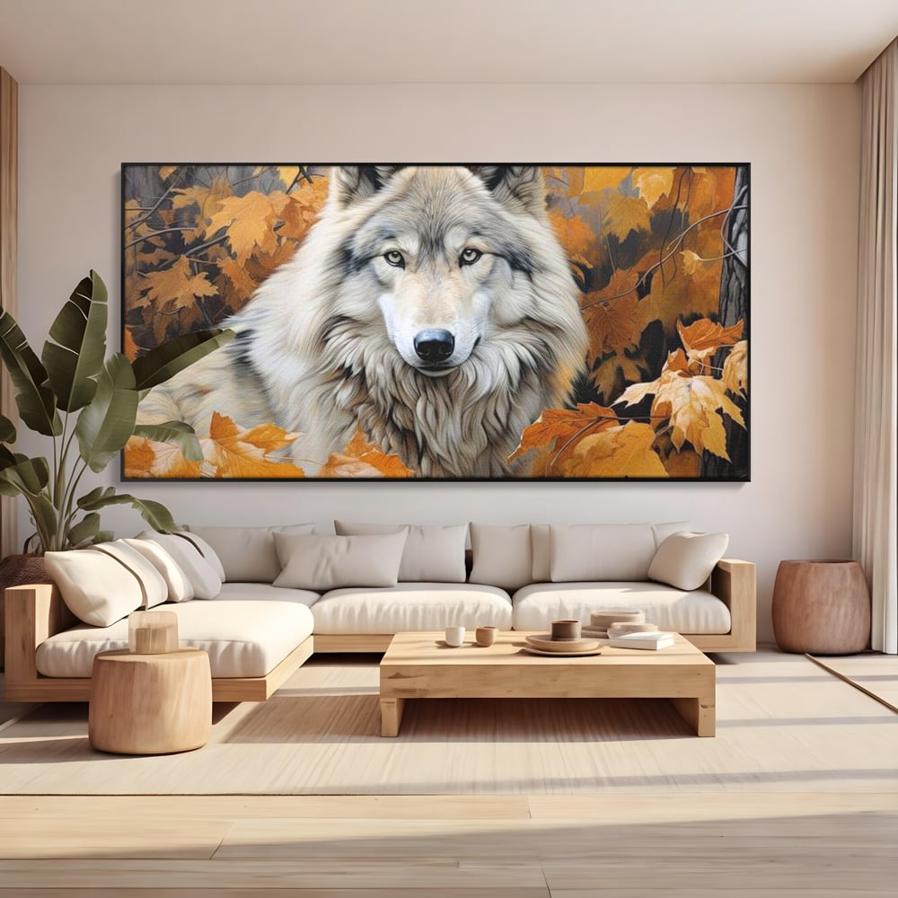 Tablou canvas cu tablou canvas cu lup in toamna, in rama de aluminiu negru, pe perete intr-un living